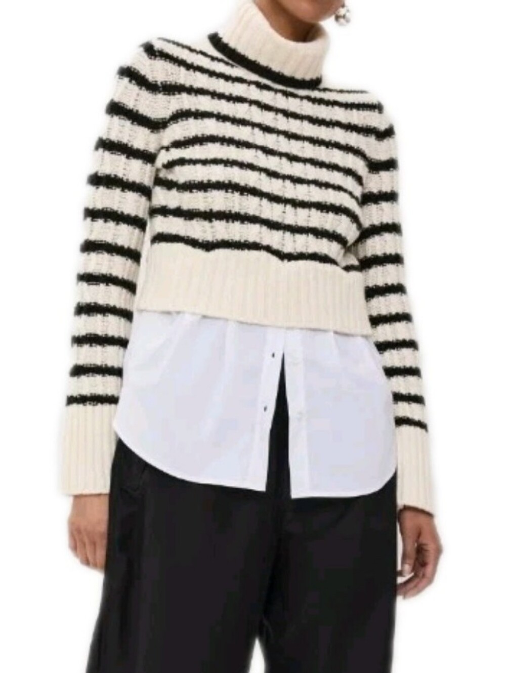 VERONICA BEARD Size Large Lyla Stripe Cable Turtleneck Poplin Sweater Msrp $498